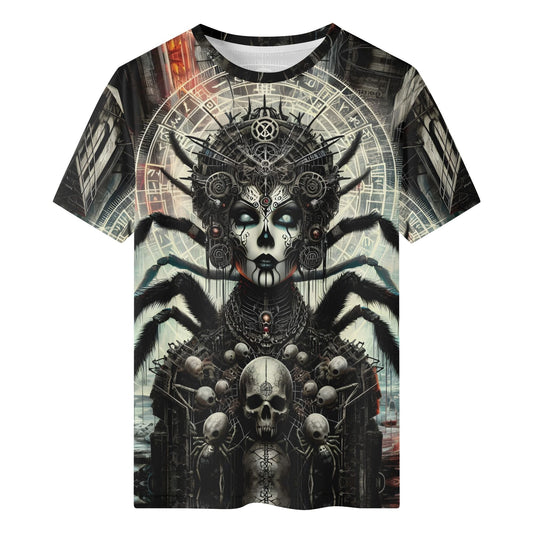 Mythical Monsters Arachne Organic Cotton T-Shirt with dark spider queen design and skull details