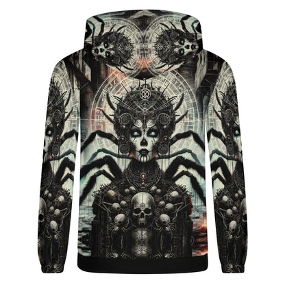Mythical Monsters Arachne Poly French Terry Hoodie with dark spider goddess and skull design unisex hoodie
