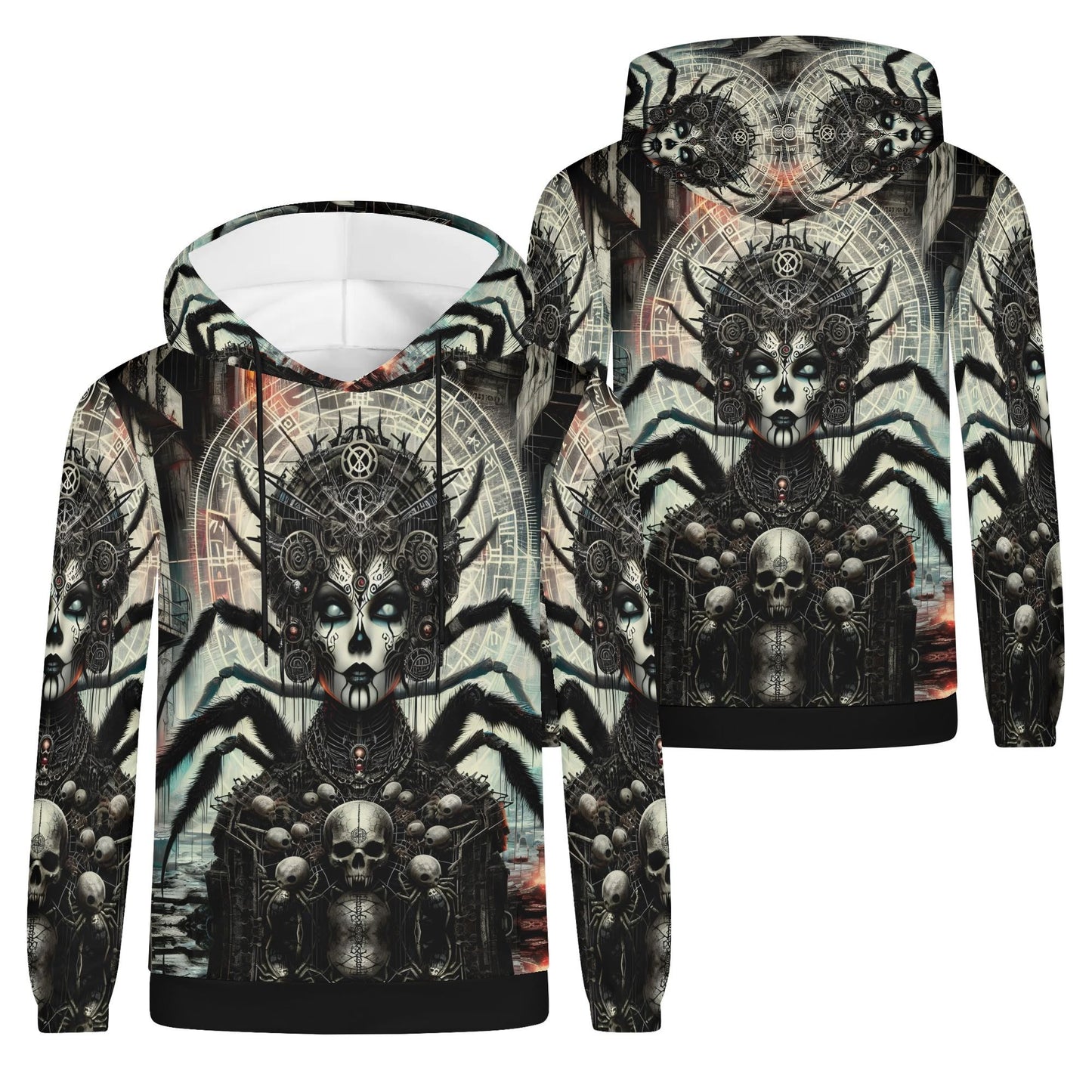 Mythical Monsters Arachne Poly French Terry Hoodie featuring detailed spider woman design with skulls and intricate patterns