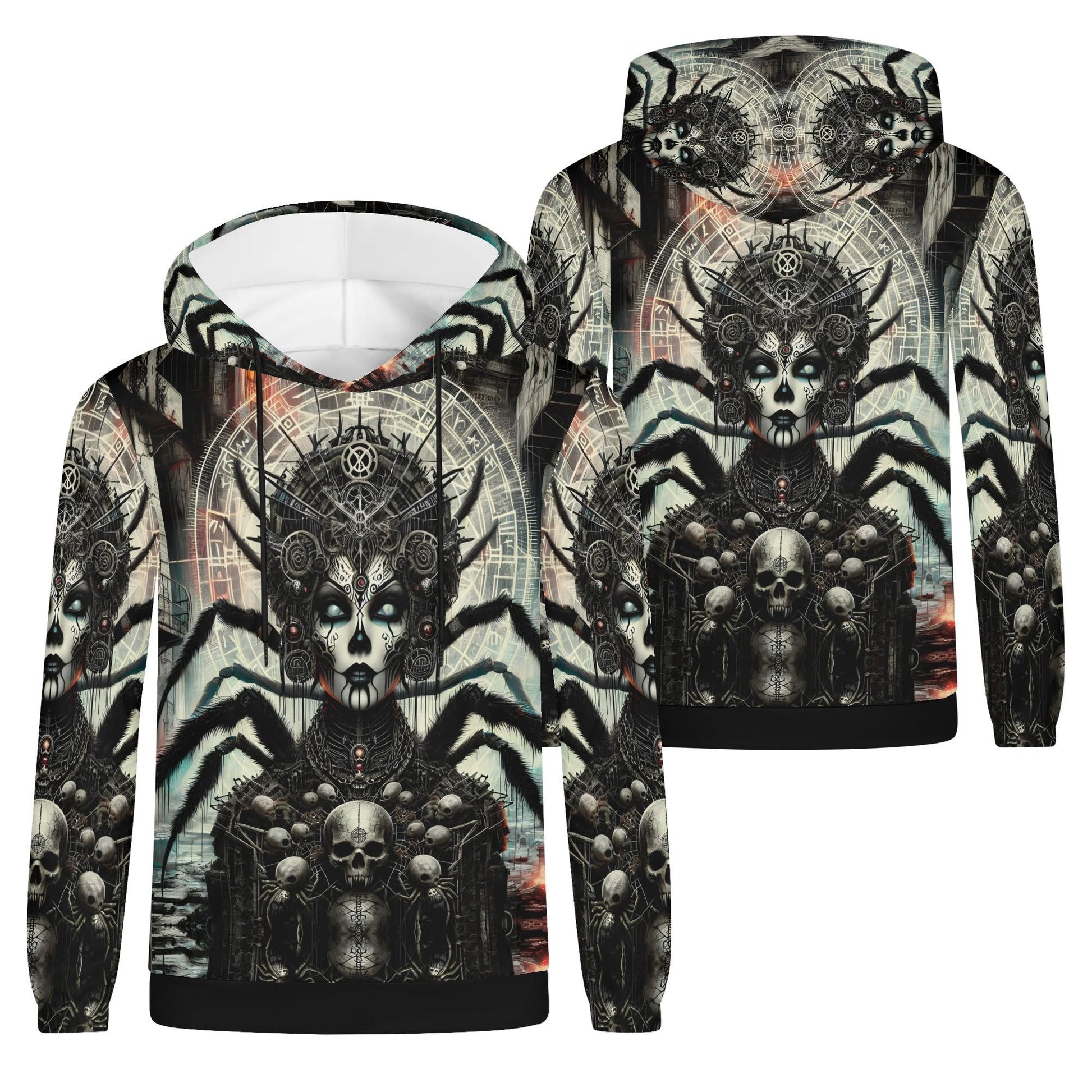 Mythical Monsters Arachne Poly French Terry Hoodie featuring detailed spider woman design with skulls and intricate patterns