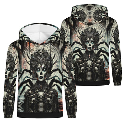 Mythical Monsters Arachne Poly French Terry Hoodie featuring detailed spider woman design with skulls and intricate patterns