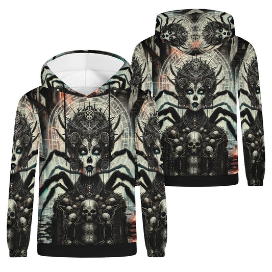 Mythical Monsters Arachne Poly French Terry Hoodie featuring detailed spider woman design with skulls and intricate patterns
