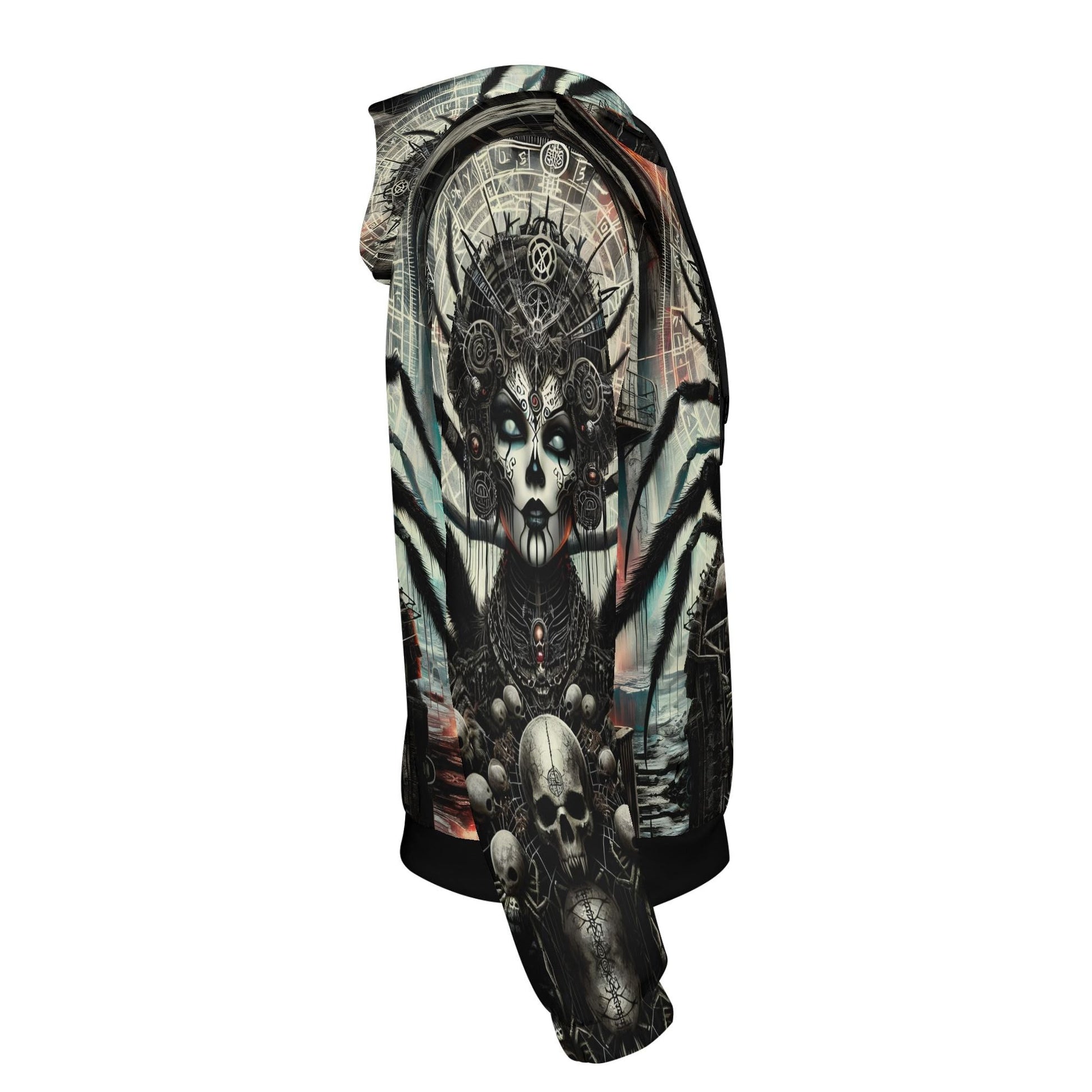 Loud and Lethal Mythical Monsters Arachne Poly French Terry Hoodie with dark spider and skull design