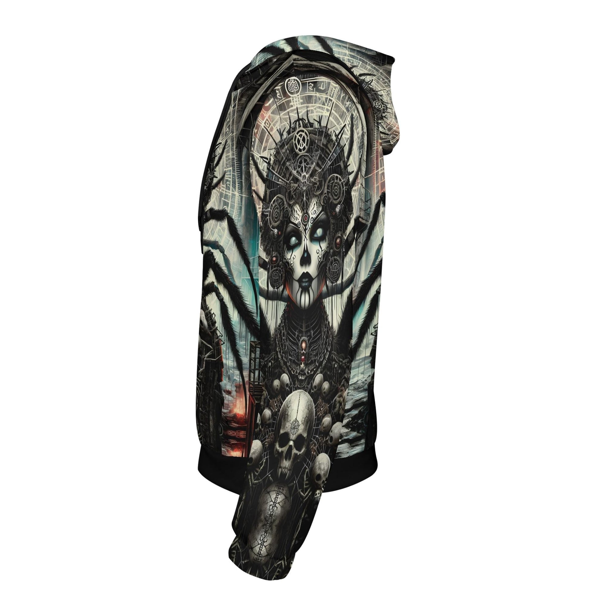 Side view of Loud and Lethal Mythical Monsters Arachne Poly French Terry Hoodie with dark spider and skull design