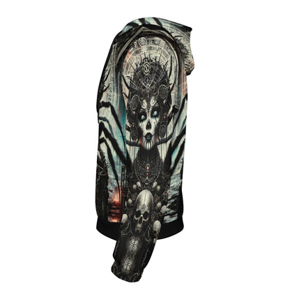 Side view of Loud and Lethal Mythical Monsters Arachne Poly French Terry Hoodie with dark spider and skull design