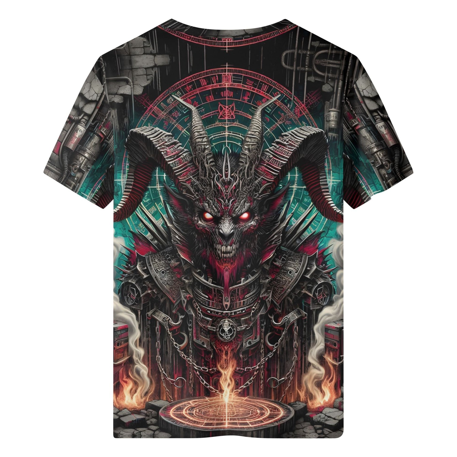 Mythical Monsters Baphomet Organic Cotton T-Shirt featuring a dark demonic goat design with glowing eyes and fiery background