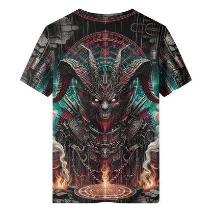 Mythical Monsters Baphomet Organic Cotton T-Shirt featuring a dark demonic goat design with glowing eyes and fiery background