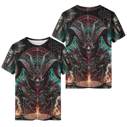 Mythical Monsters Baphomet Organic Cotton T-Shirt featuring detailed demonic artwork with glowing eyes and fiery symbols