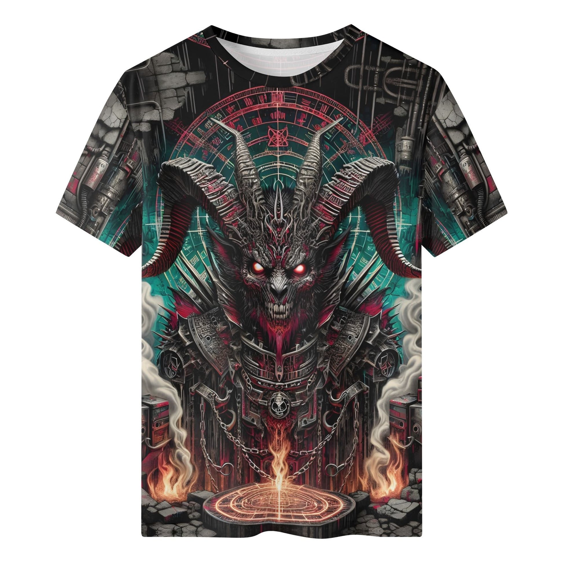 Mythical Monsters Baphomet Organic Cotton T-Shirt featuring a detailed dark fantasy demon design with horns and glowing eyes