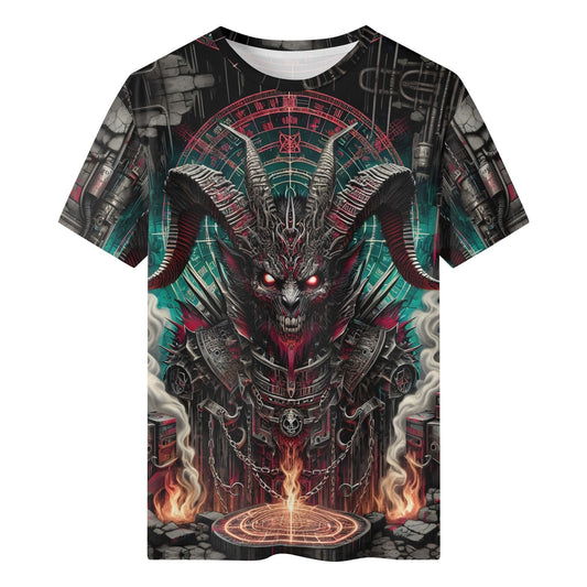 Mythical Monsters Baphomet Organic Cotton T-Shirt featuring a detailed dark fantasy demon design with horns and glowing eyes