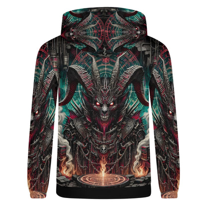 Mythical Monsters Baphomet Poly French Terry Hoodie with dark demonic horned creature design on a unisex hoodie