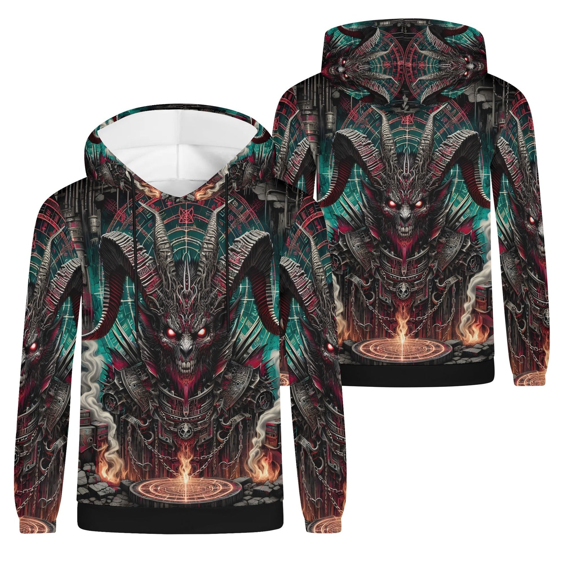Mythical Monsters Baphomet Poly French Terry Hoodie with dark demon design and fiery magical circle