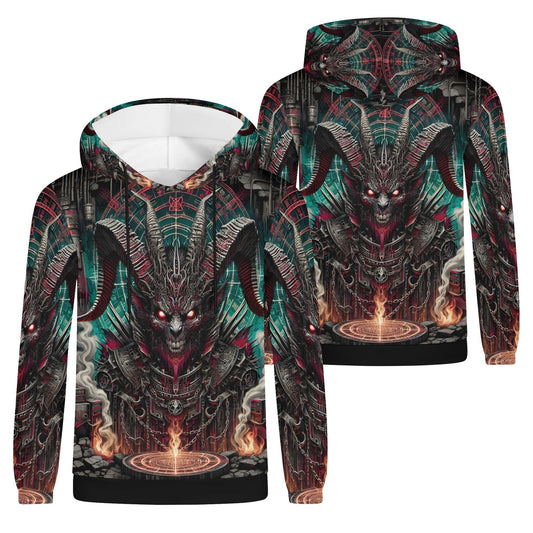 Mythical Monsters Baphomet Poly French Terry Hoodie with dark demon design and fiery magical circle