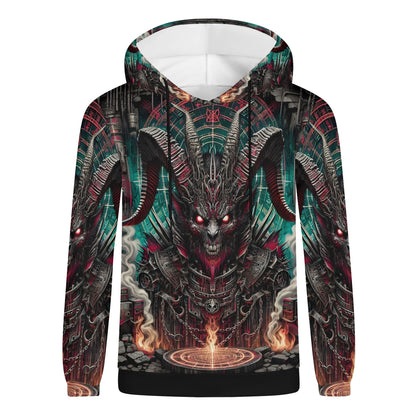 Mythical Monsters Baphomet Poly French Terry Hoodie featuring dark demonic artwork with red glowing eyes and horns