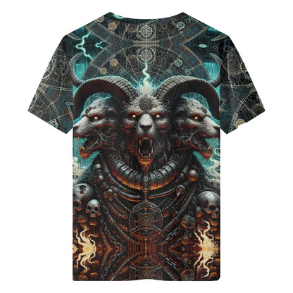 Mythical Monsters Cerberus 100% Cotton T-Shirt featuring a detailed three-headed Cerberus with horns and mystical symbols