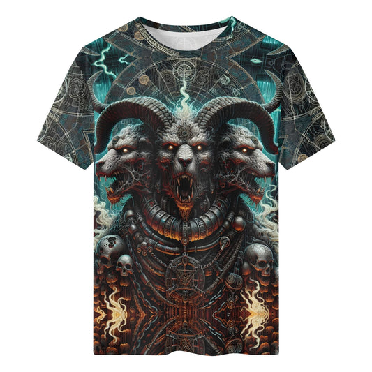 Mythical Monsters Cerberus 100% Cotton T-Shirt featuring a detailed three-headed dog with glowing eyes and gothic elements