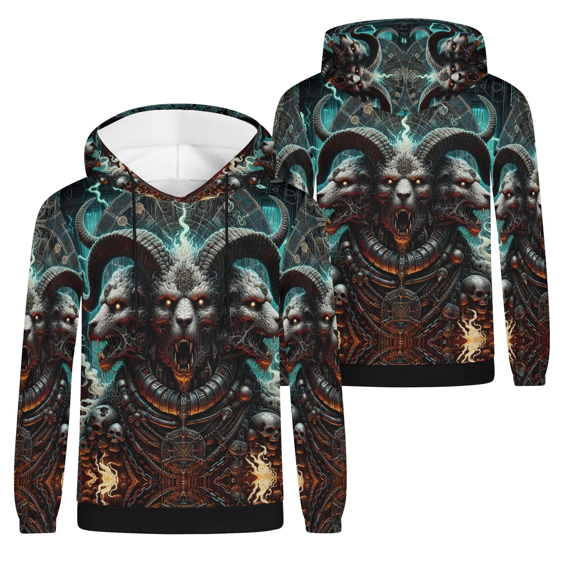 Mythical Monsters Cerberus Poly French Terry Hoodie featuring a detailed three-headed Cerberus design in dark fantasy style