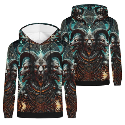 Mythical Monsters Cerberus Poly French Terry Hoodie featuring a detailed three-headed Cerberus design in dark fantasy style