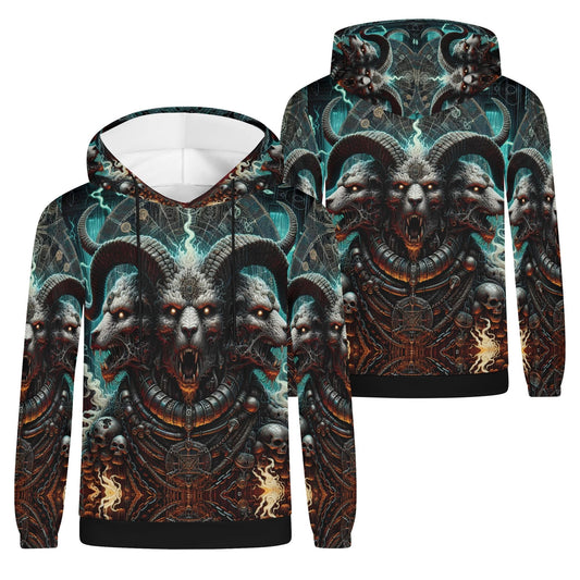 Mythical Monsters Cerberus Poly French Terry Hoodie featuring a detailed three-headed Cerberus design in dark fantasy style
