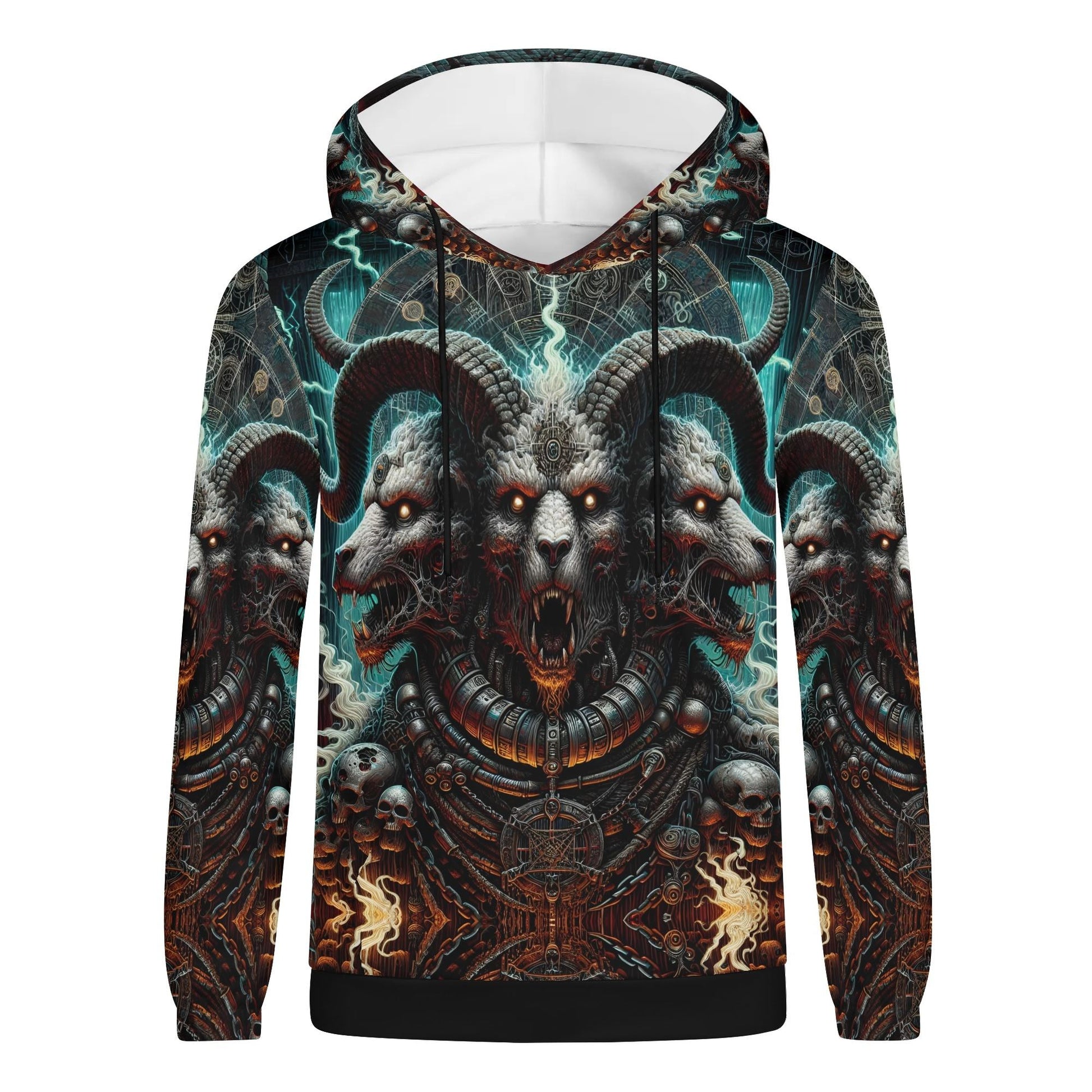 Mythical Monsters Cerberus Poly French Terry Hoodie with detailed three-headed monster design and dark fantasy theme