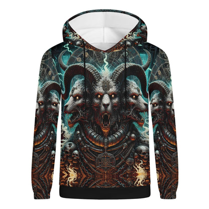 Mythical Monsters Cerberus Poly French Terry Hoodie with detailed three-headed monster design and dark fantasy theme