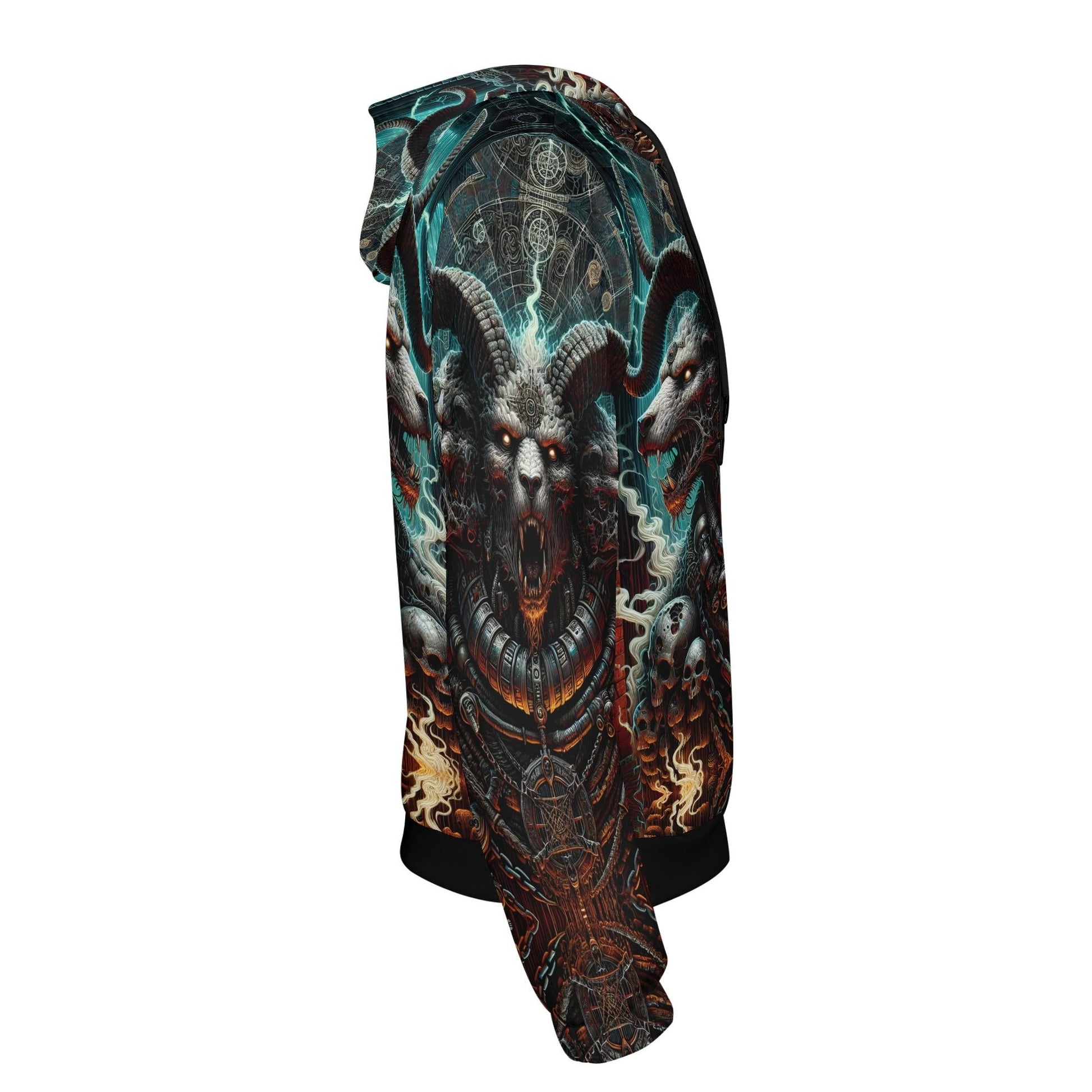Mythical Monsters Cerberus Poly French Terry Hoodie with detailed three-headed monster design and fiery accents by Loud and Lethal