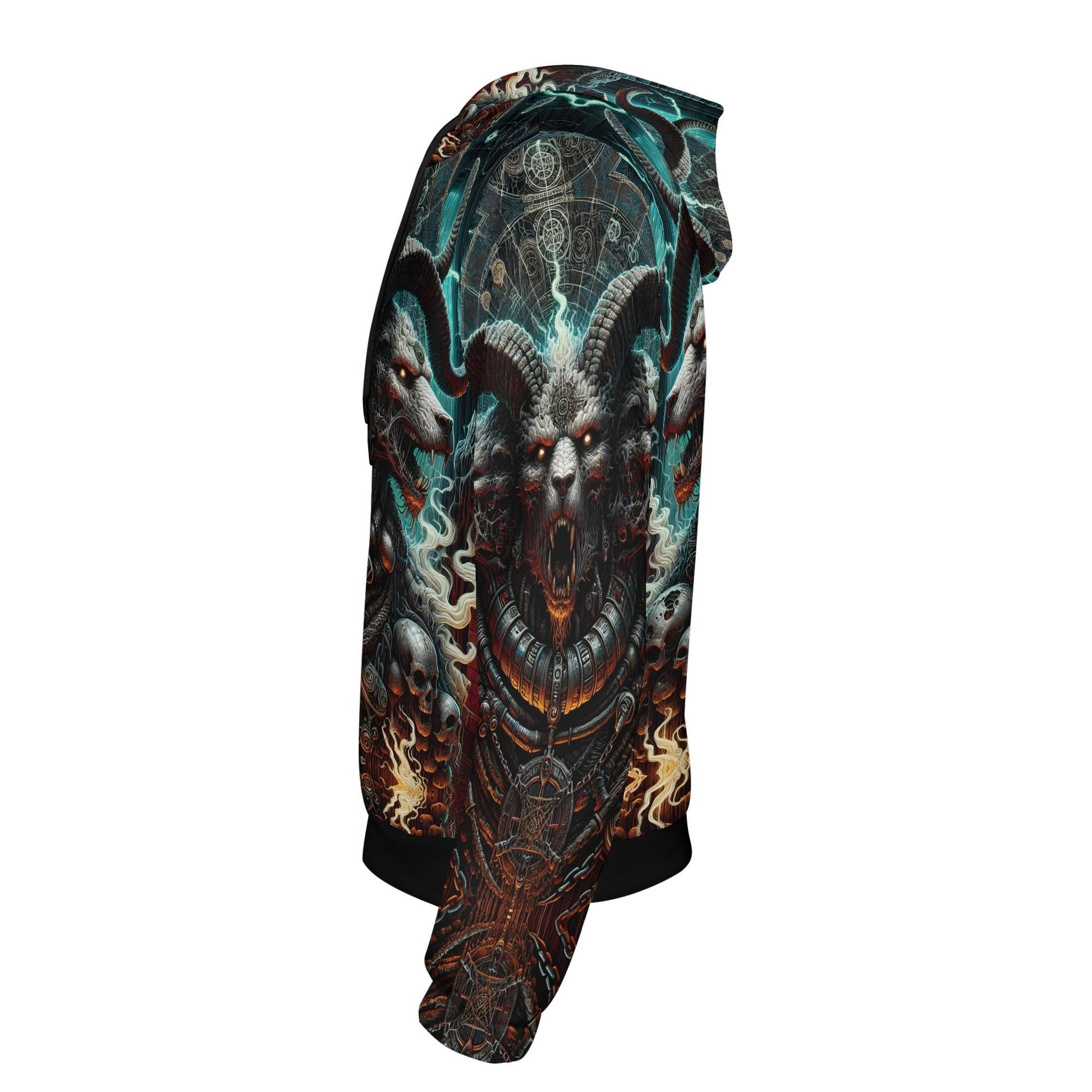 Side view of Loud and Lethal Mythical Monsters Cerberus Poly French Terry Hoodie with detailed dark monster design