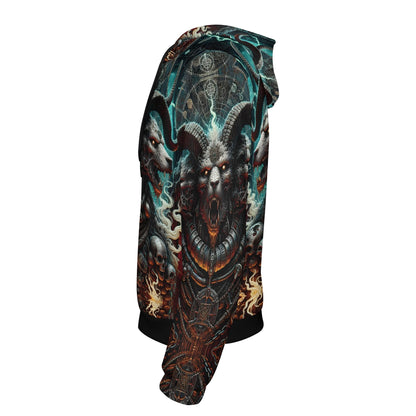 Side view of Loud and Lethal Mythical Monsters Cerberus Poly French Terry Hoodie with detailed dark monster design