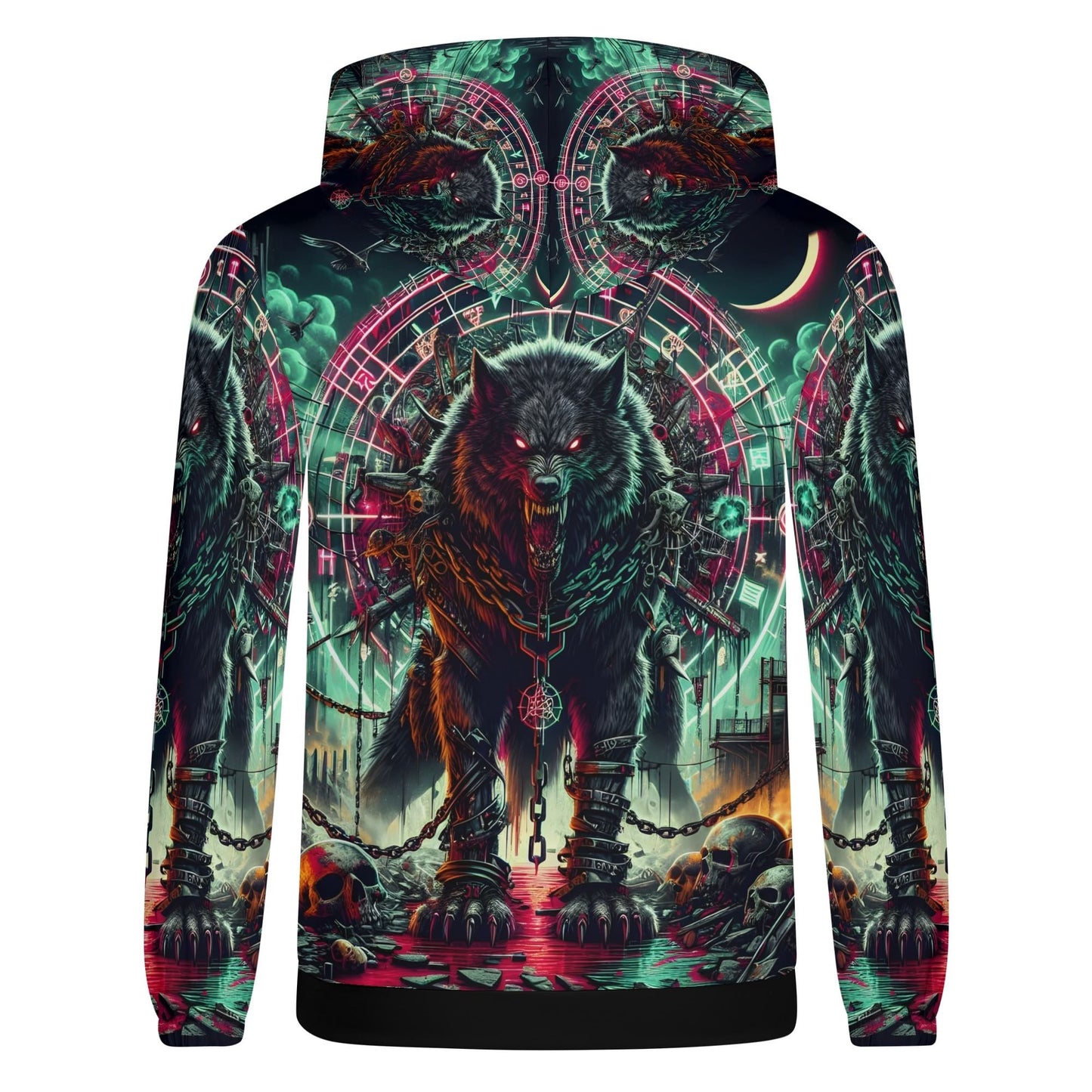 Mythical Monsters Fenrir Poly French Terry Hoodie featuring a fierce glowing-eyed wolf and dark fantasy design