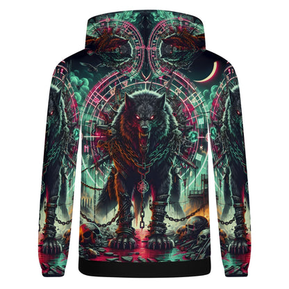 Mythical Monsters Fenrir Poly French Terry Hoodie featuring a fierce glowing-eyed wolf and dark fantasy design