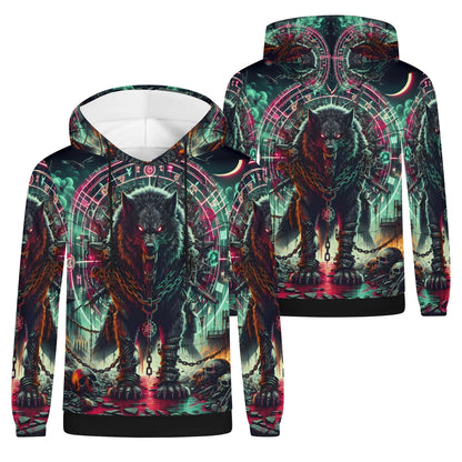 Unisex Mythical Monsters Fenrir Poly French Terry Hoodie featuring a fierce glowing-eyed wolf design with chains and mystical symbols