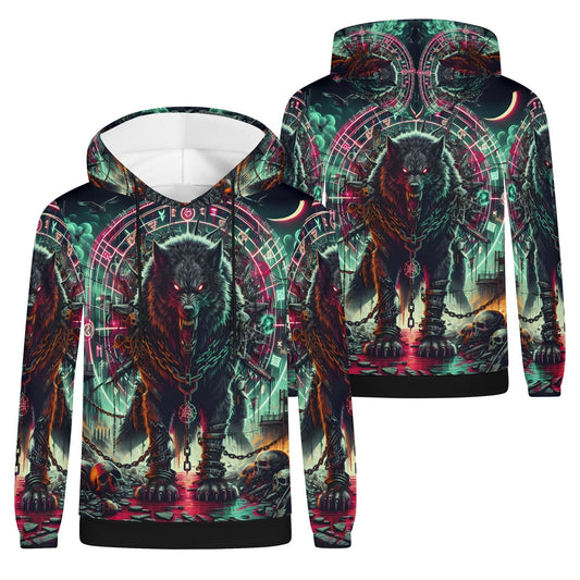 Unisex Mythical Monsters Fenrir Poly French Terry Hoodie featuring a fierce glowing-eyed wolf design with chains and mystical symbols