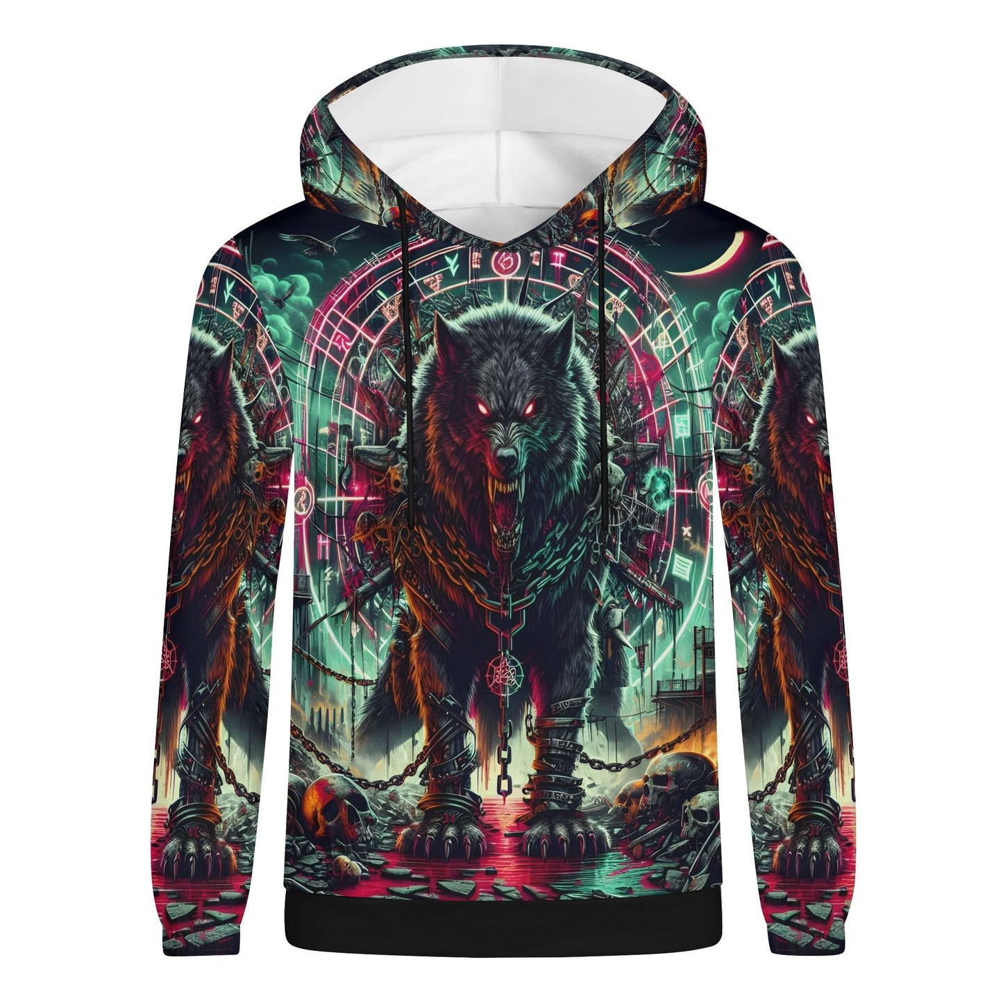 Mythical Monsters Fenrir Poly French Terry Hoodie featuring fierce chained wolf design on vibrant background
