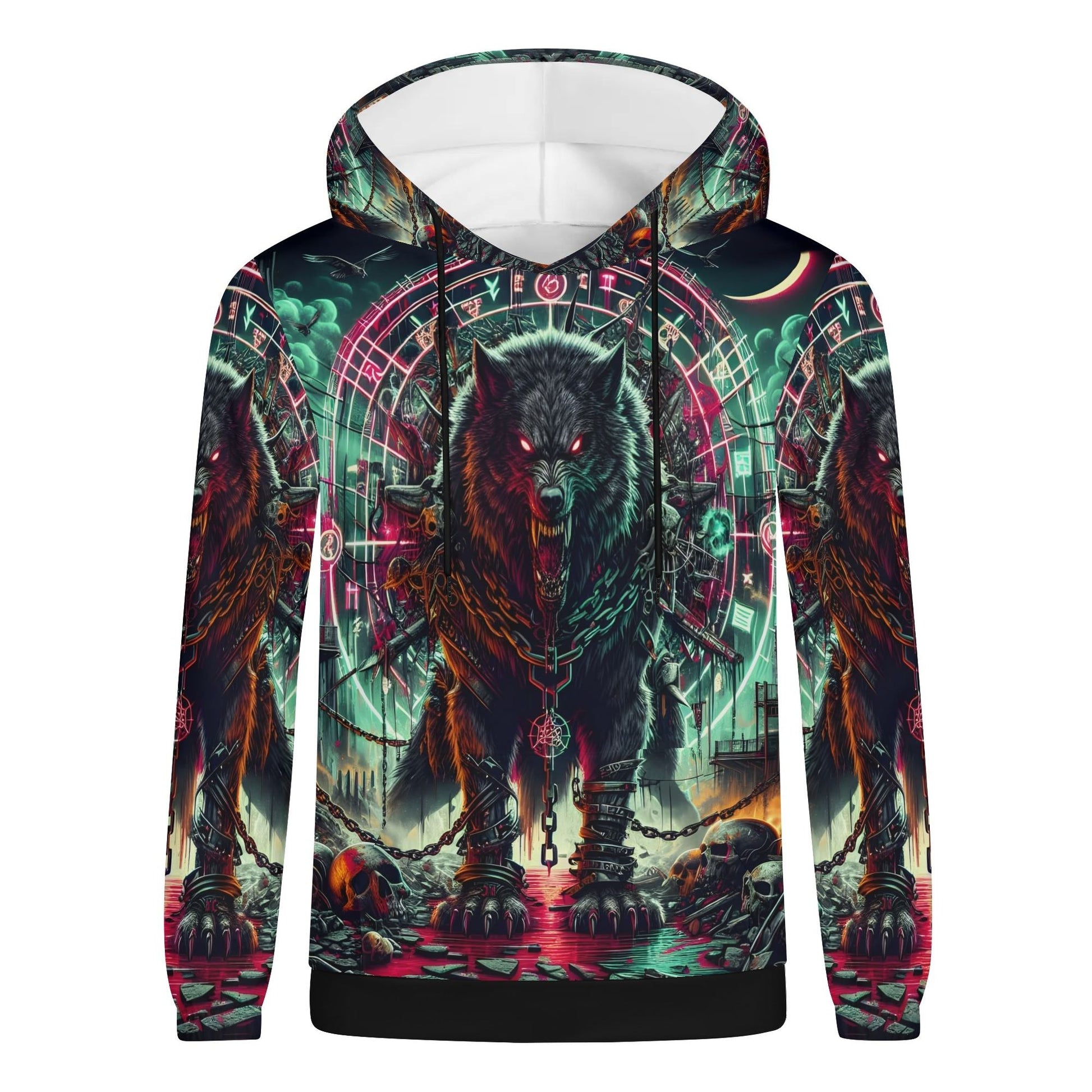Mythical Monsters Fenrir Poly French Terry Hoodie featuring fierce chained wolf design on vibrant background