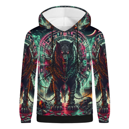 Mythical Monsters Fenrir Poly French Terry Hoodie featuring fierce chained wolf design on vibrant background