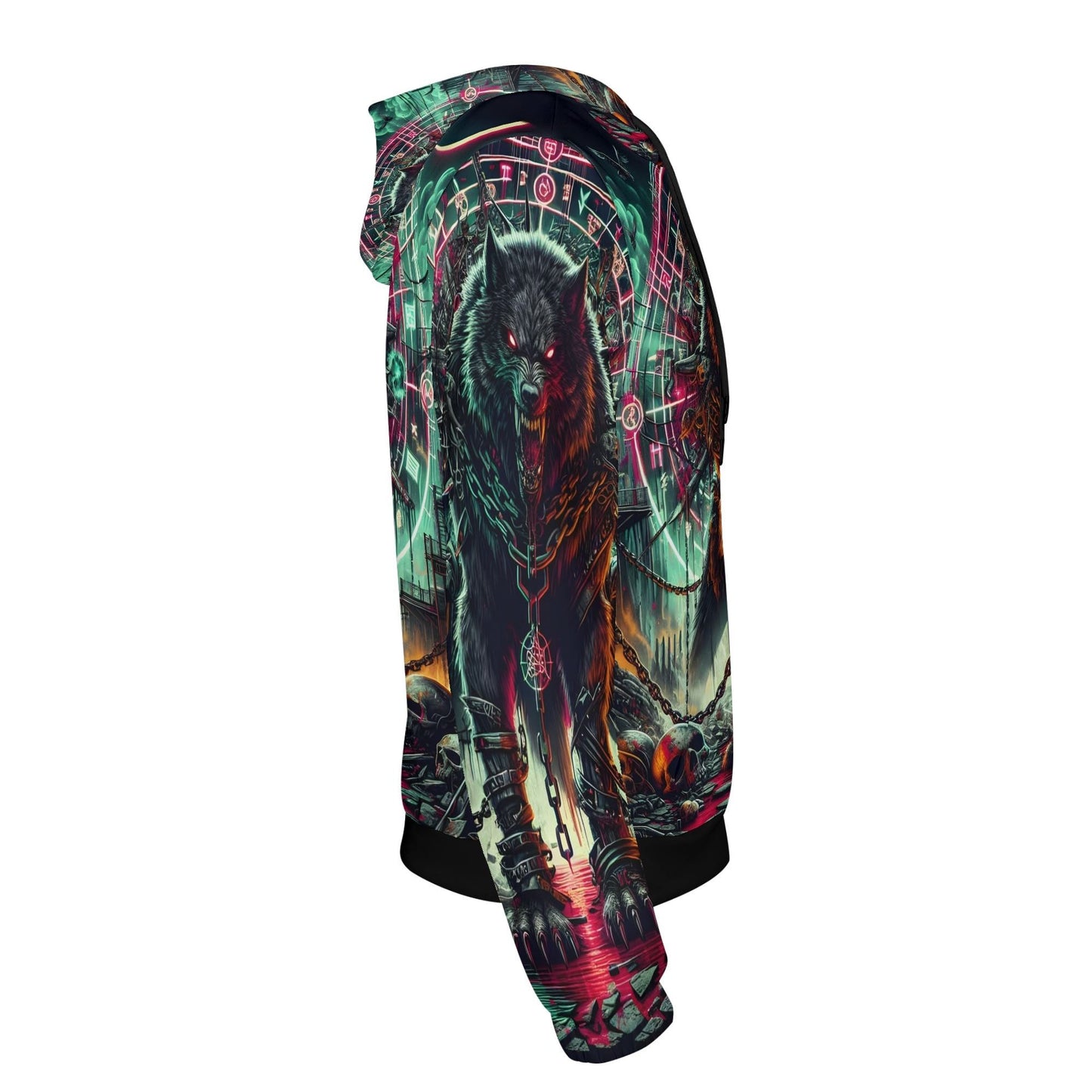Mythical Monsters Fenrir Poly French Terry Hoodie by Loud and Lethal featuring a dark wolf design with chains and mystical symbols