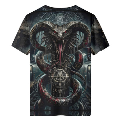 Mythical Monsters Jormungandr 100% Cotton T-Shirt featuring dark serpent with glowing red eyes and intricate magical symbols