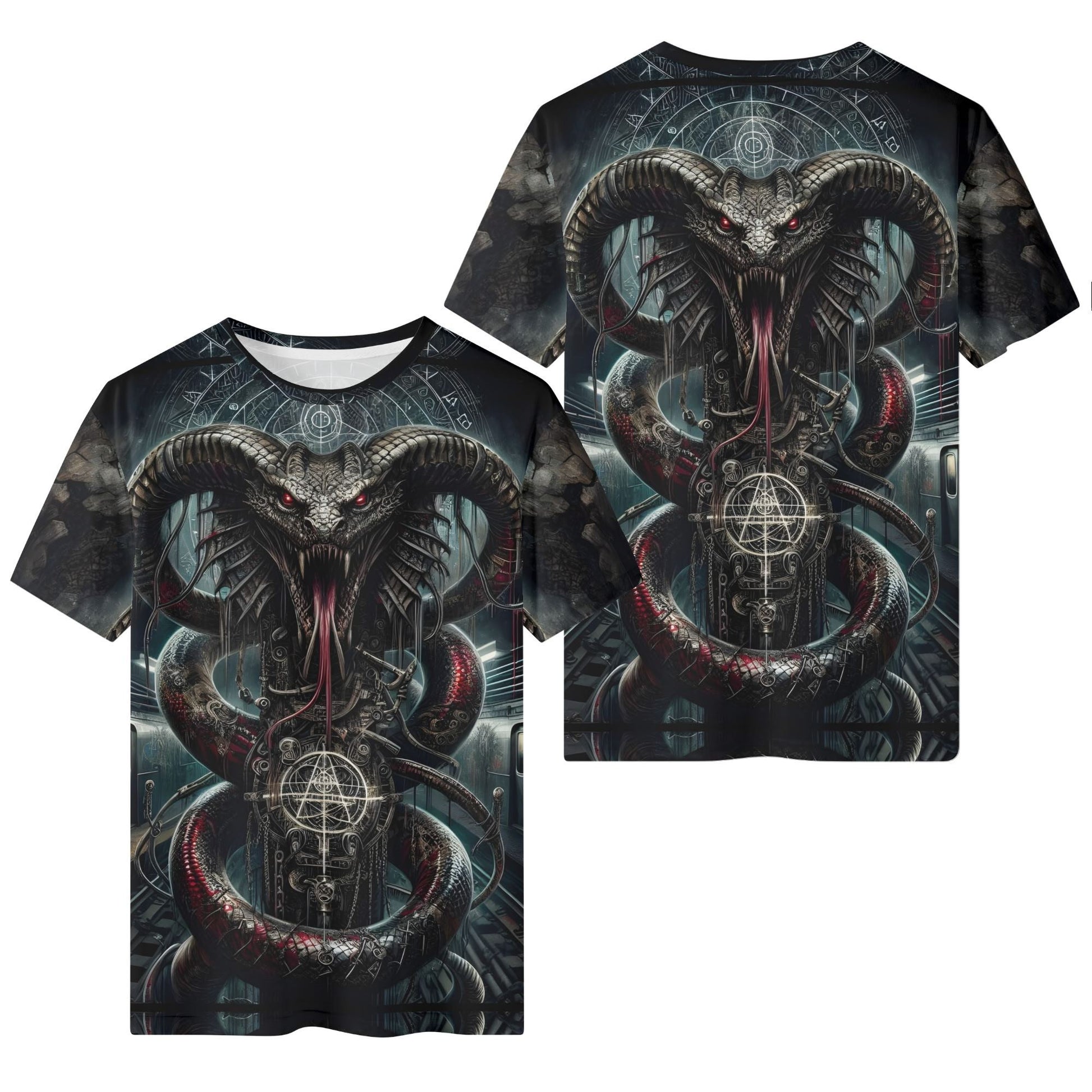 Mythical Monsters Jormungandr 100% Cotton T-Shirt featuring dark serpent design with red eyes and mystical symbols