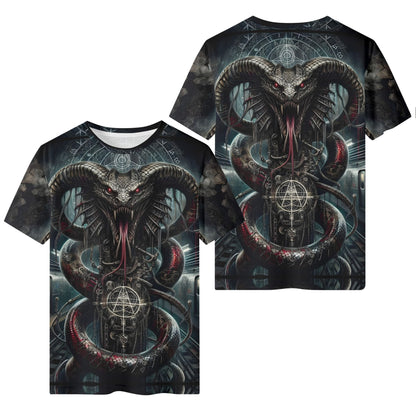 Mythical Monsters Jormungandr 100% Cotton T-Shirt featuring dark serpent design with red eyes and mystical symbols