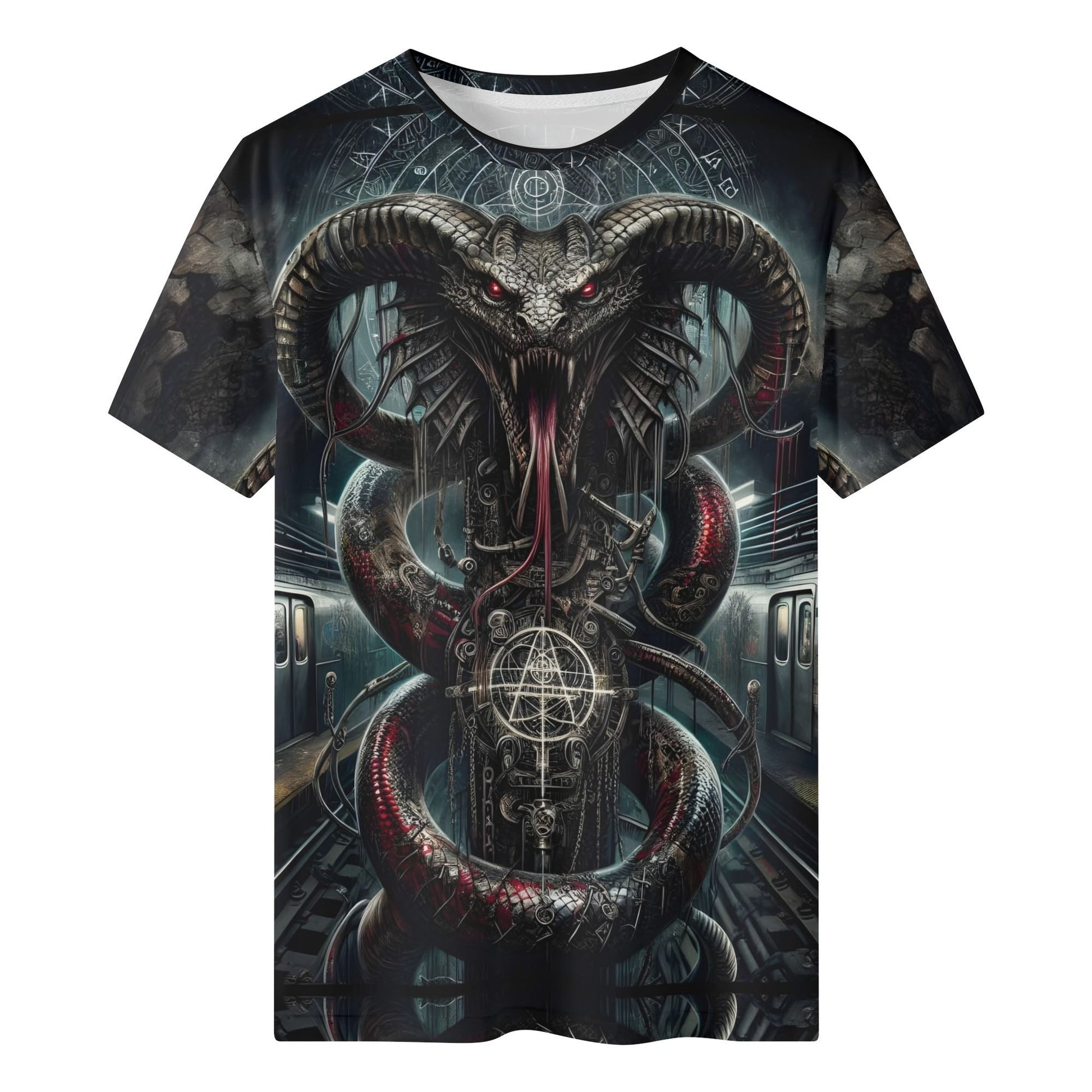Mythical Monsters Jormungandr 100% Cotton T-Shirt featuring a dark serpent with red eyes and horns in a subway setting