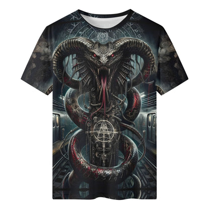 Mythical Monsters Jormungandr 100% Cotton T-Shirt featuring a dark serpent with red eyes and horns in a subway setting