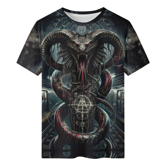 Mythical Monsters Jormungandr 100% Cotton T-Shirt featuring a dark serpent with red eyes and horns in a subway setting