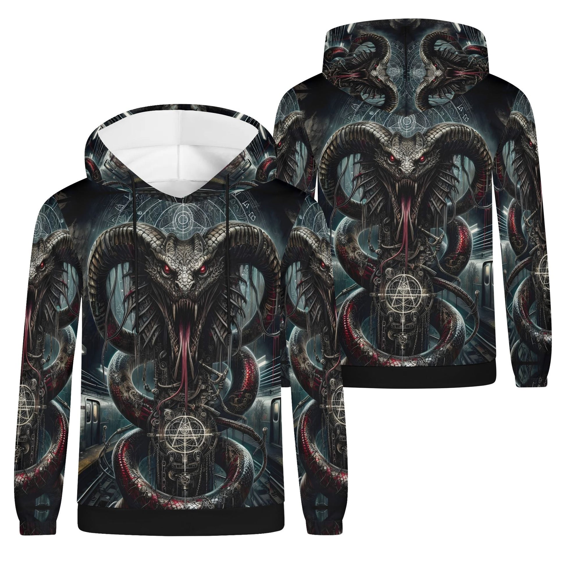 Mythical Monsters Jormungandr Poly French Terry Hoodie with dark dragon and serpent design, unisex style by Loud and Lethal