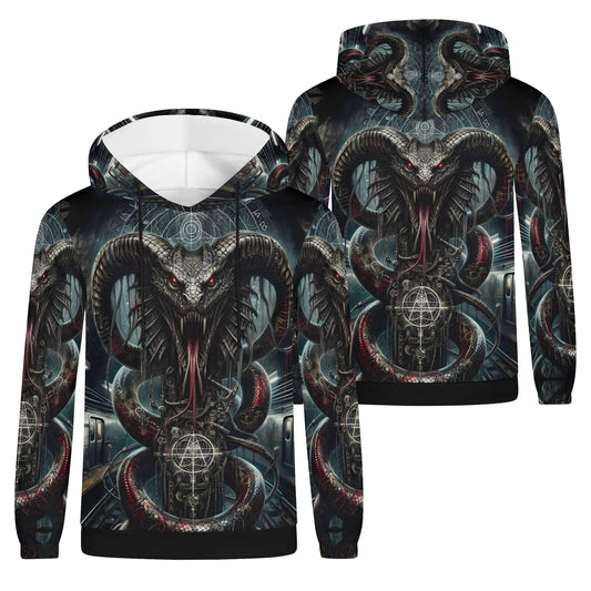 Mythical Monsters Jormungandr Poly French Terry Hoodie with dark dragon and serpent design, unisex style by Loud and Lethal