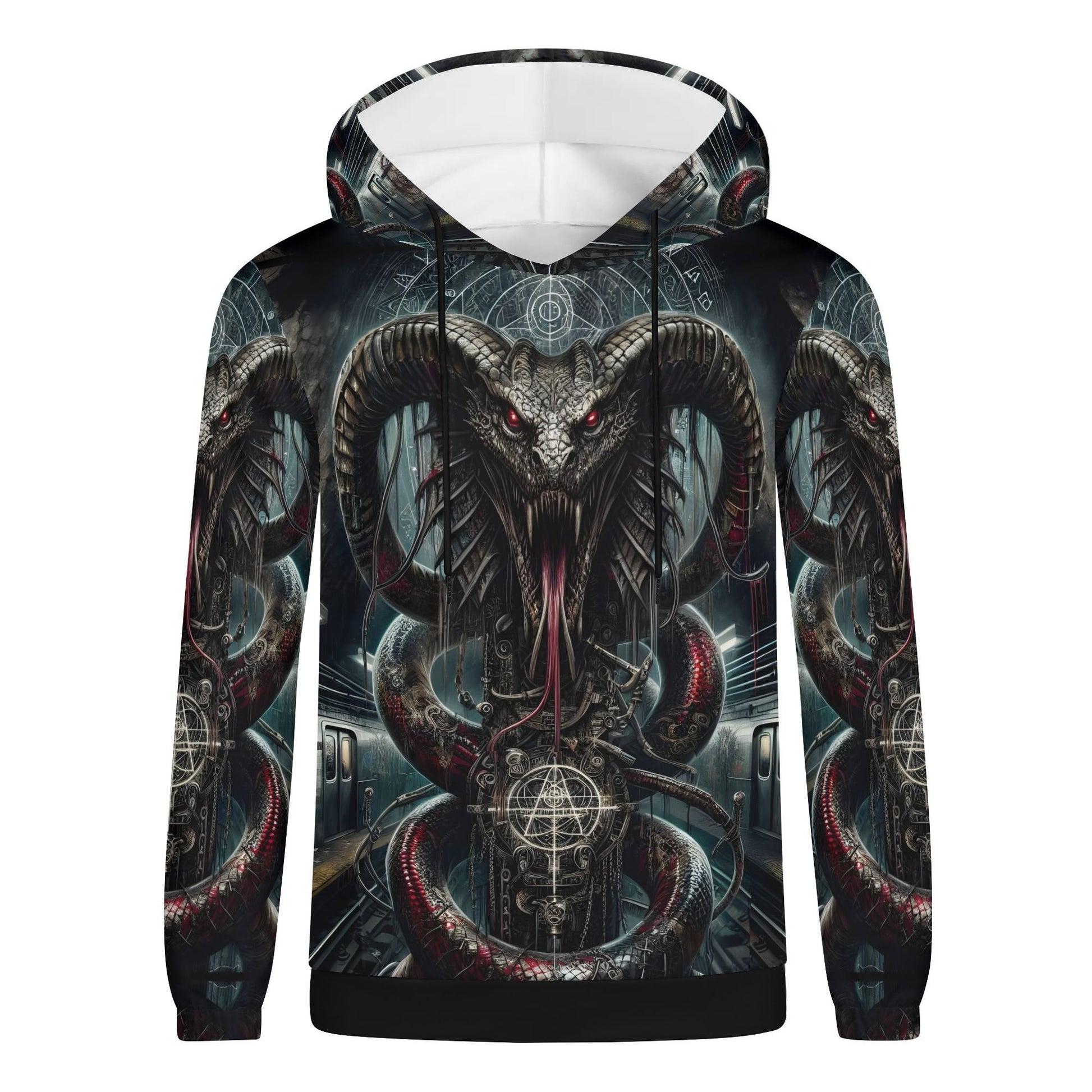 Mythical Monsters Jormungandr Poly French Terry Hoodie with detailed dark serpent design and red eyes