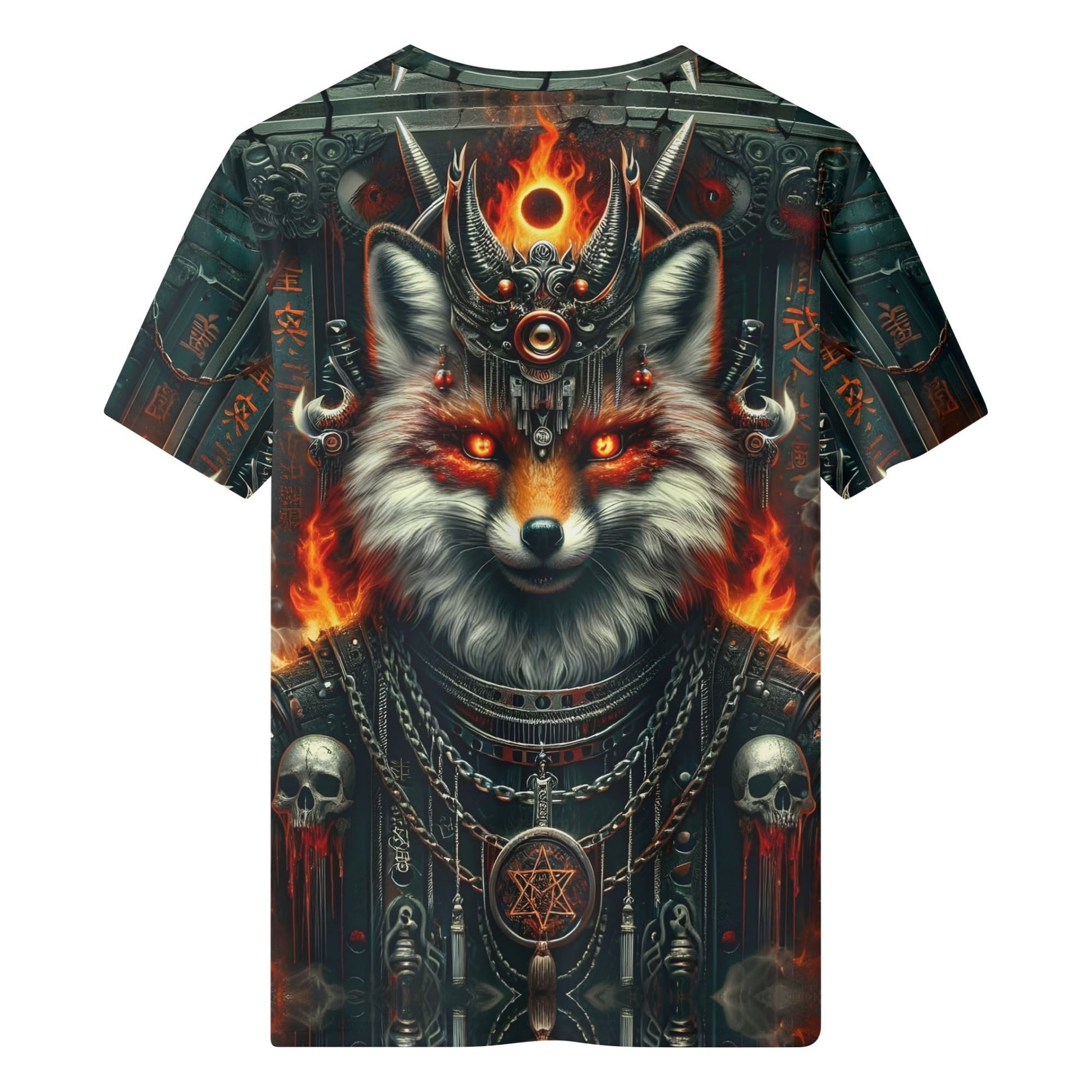 Mythical Monsters Kitsune 100 Cotton T-Shirt featuring fiery fox design with skulls and chains