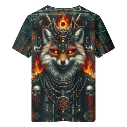 Mythical Monsters Kitsune 100 Cotton T-Shirt featuring fiery fox design with skulls and chains