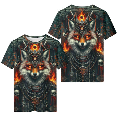 Mythical Monsters Kitsune 100 Cotton T-Shirt featuring fiery fox design with chains and skull details