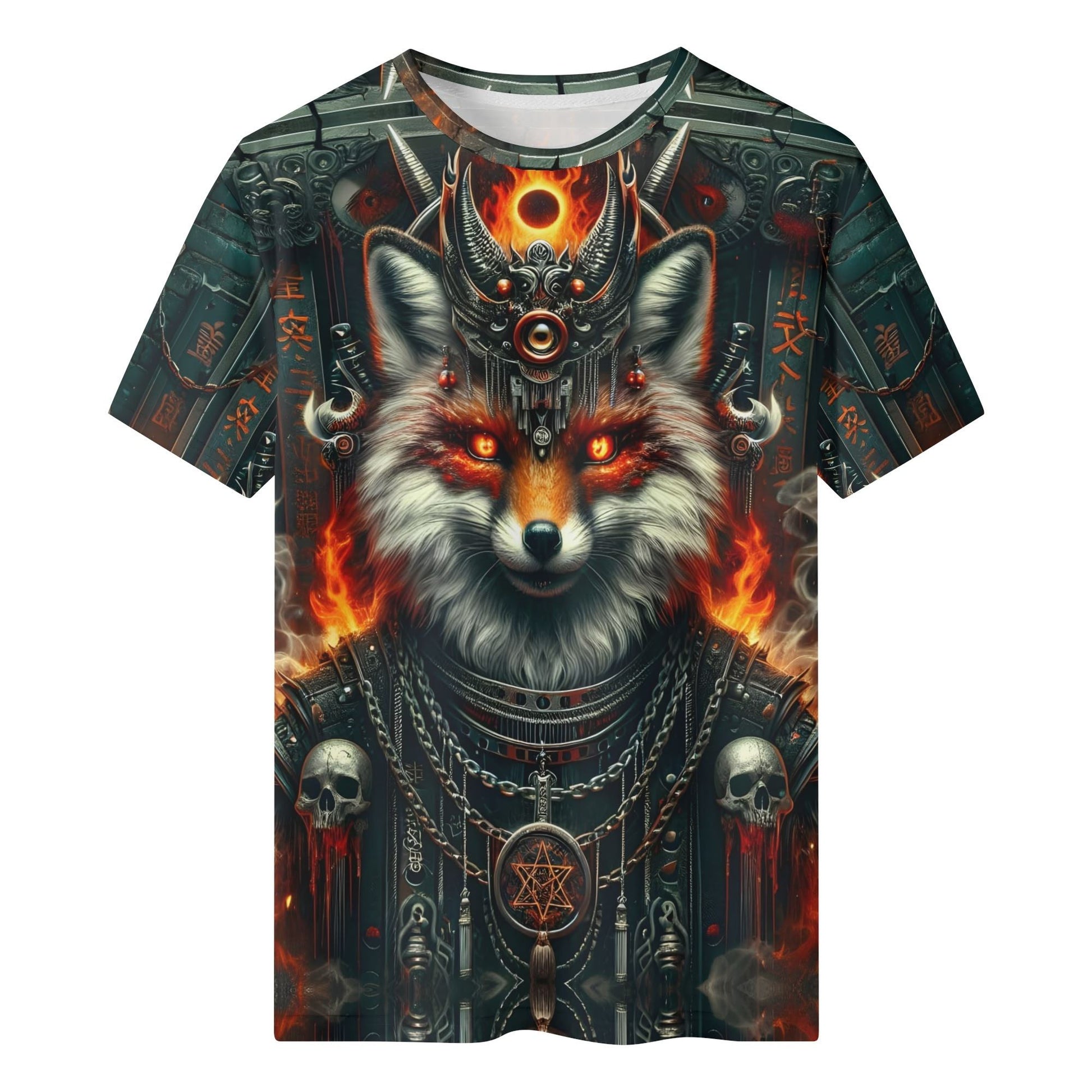 Mythical Monsters Kitsune 100 Cotton T-Shirt featuring fiery fox warrior with intricate armor and skulls