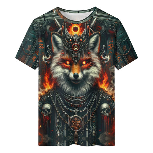 Mythical Monsters Kitsune 100 Cotton T-Shirt featuring fiery fox warrior with intricate armor and skulls